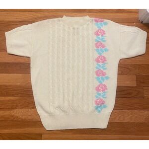 Vintage‎ Sweater Tee Pale Yellow Floral Cable Knit 60s Era Size Small GUC